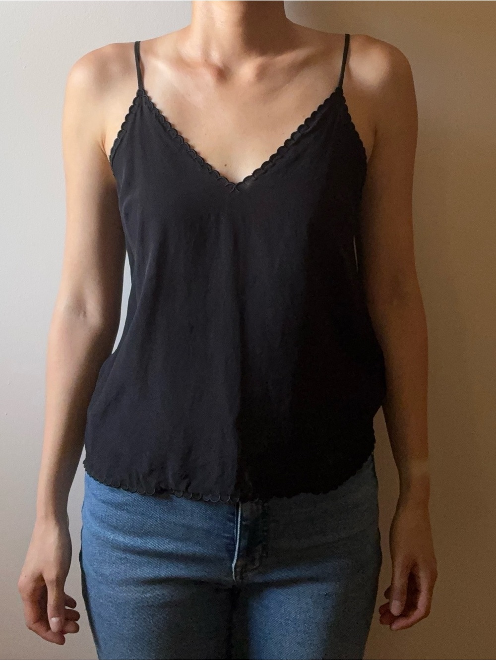 & Other Stories Black Silk Scalloped V-Neck Camisole